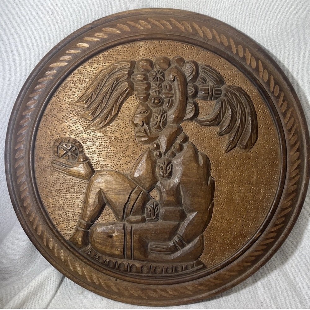 Vintage Wood Carved Mayan God Yum Kaax El Salvador Panel Folk Art Plaque Aztec